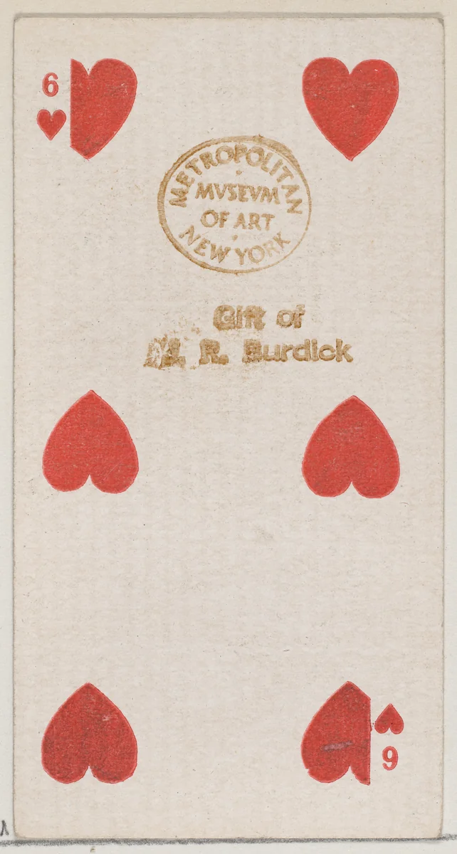 Six Hearts (red), from the Playing Cards series (N84) for Duke brand cigarettes by W. Duke, Sons & Co., print, 1888