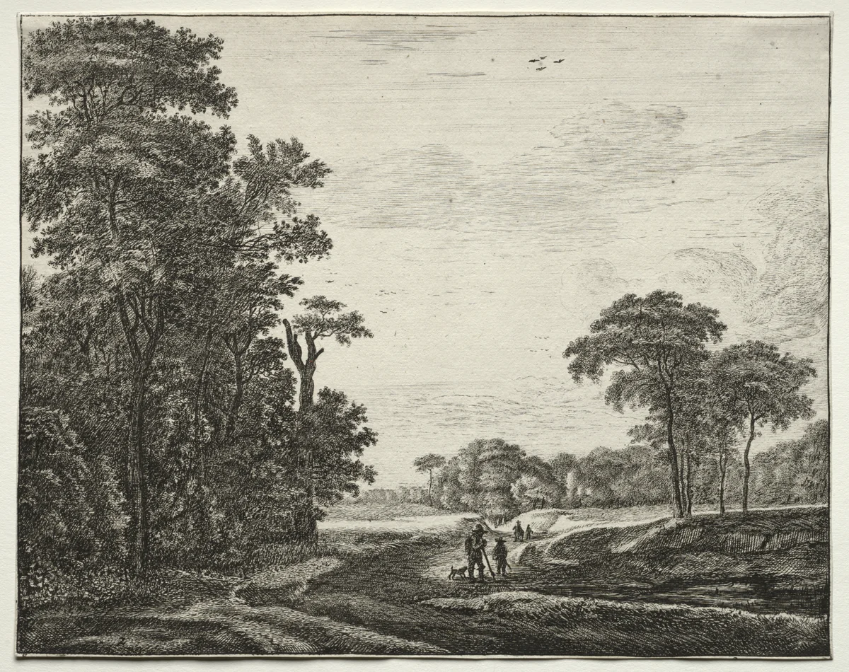Six views in the Wood of the Hague: Plate 2 by Roelant Roghman, print, 1640-1652