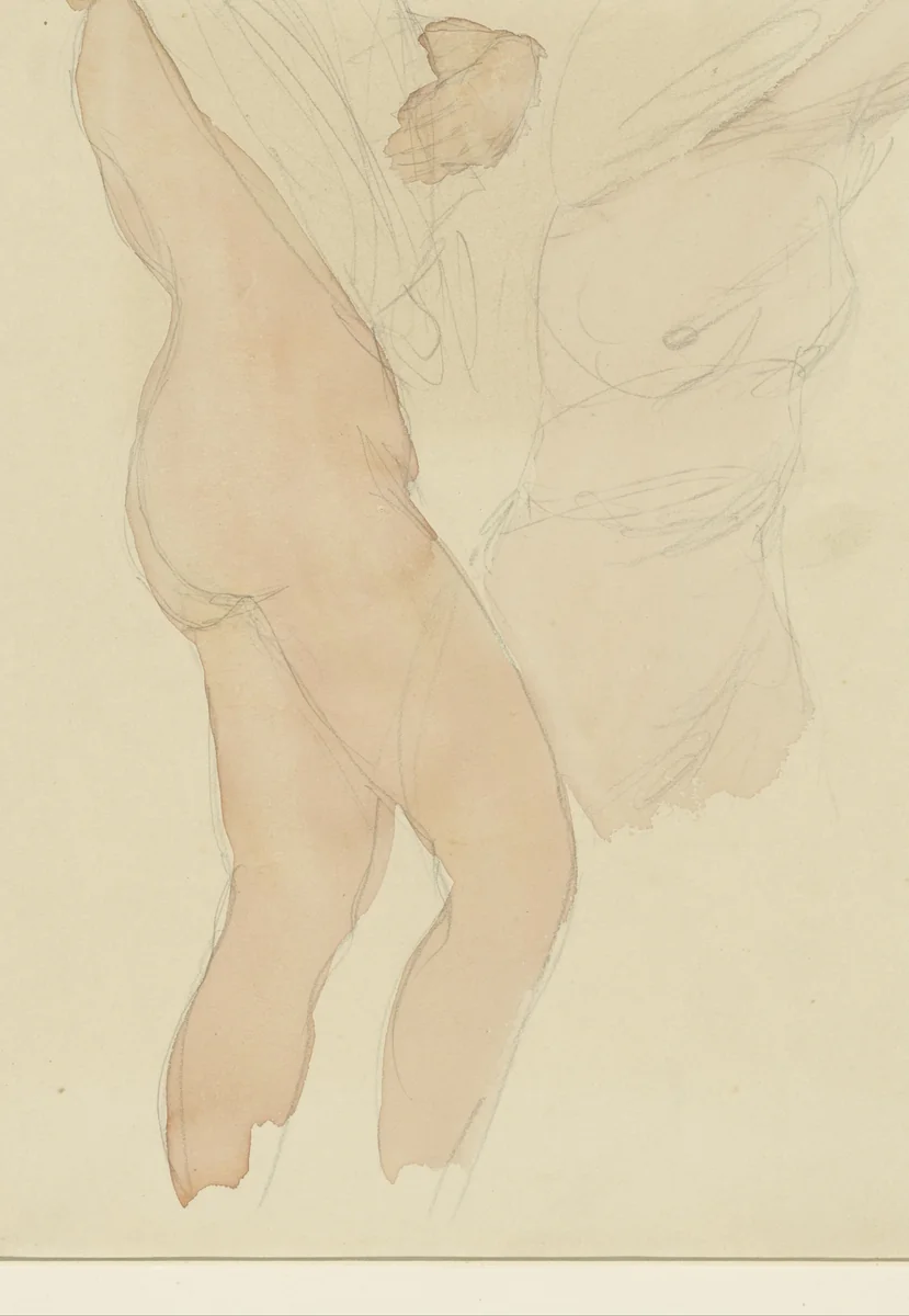 Studieblad met twee vrouwen die hun hemd uittrekken by Auguste Rodin, drawing, 1850-1917