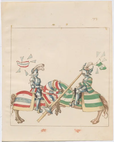 Mock Joust of War with Flying and Exploding Shields by German 16th Century, drawing, 1515