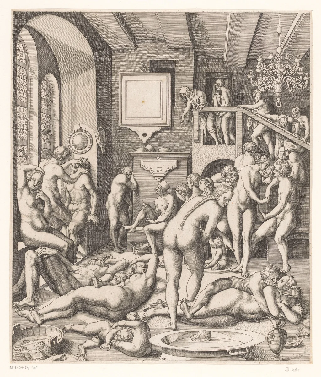 Badhuis met mannen en vrouwen by Unknown, print, 1524-1562