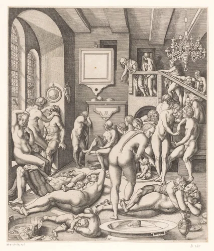 Badhuis met mannen en vrouwen by Unknown, print, 1524-1562