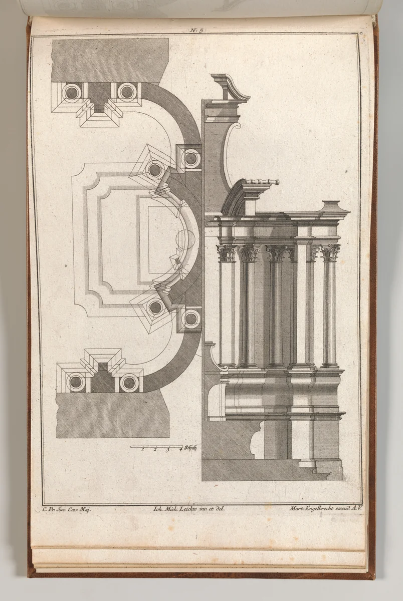 Floorplan and Side View of an Altar, Plate e (2) from 'Unterschiedliche Neu Inventierte Altäre mit darzu gehörigen Profillen u. Grundrißen.' by Johann Michael Leüchte, book, 1745-1755