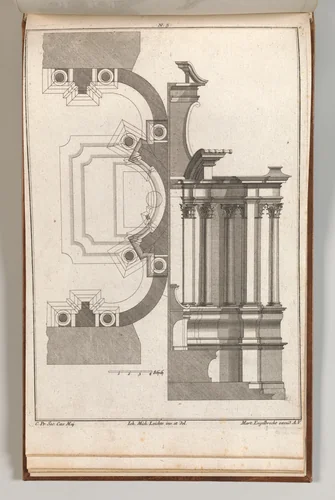 Floorplan and Side View of an Altar, Plate e (2) from 'Unterschiedliche Neu Inventierte Altäre mit darzu gehörigen Profillen u. Grundrißen.' by Johann Michael Leüchte, book, 1745-1755
