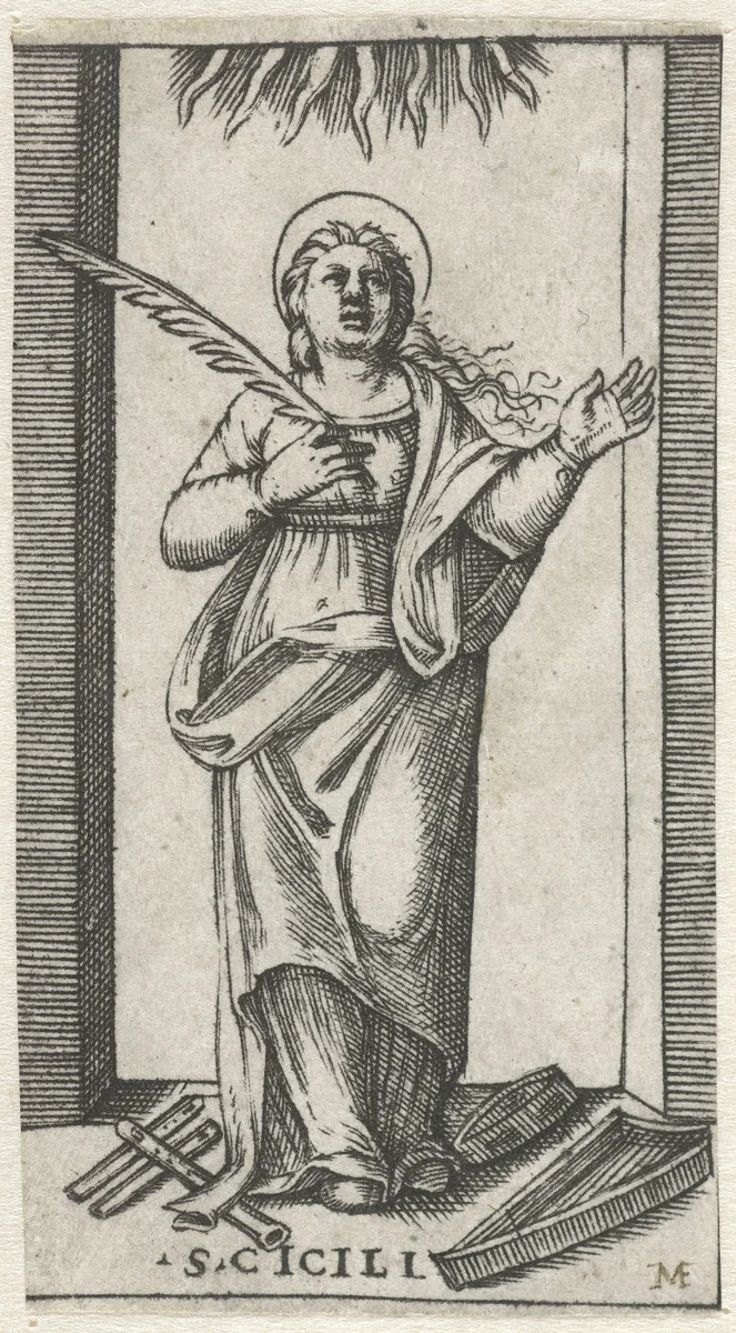 Heilige Cecilia met muziekinstrumenten by anonymous, print, 1500-1575