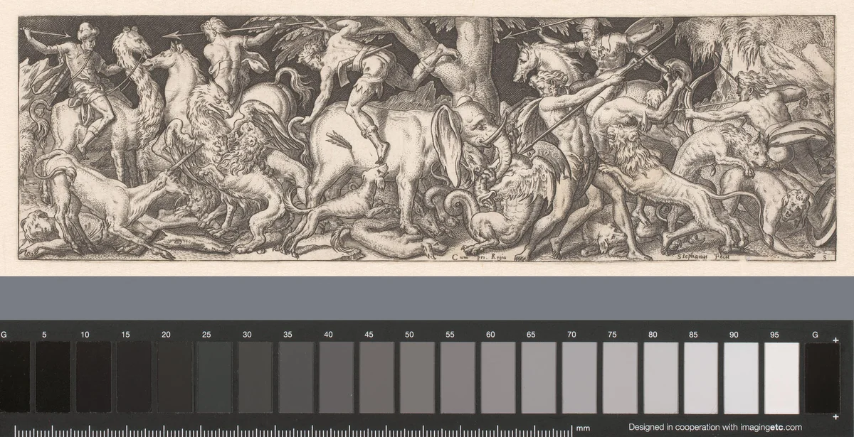 Gevecht tussen mannen, dieren en fabeldieren by Unknown, print, 1528-1583