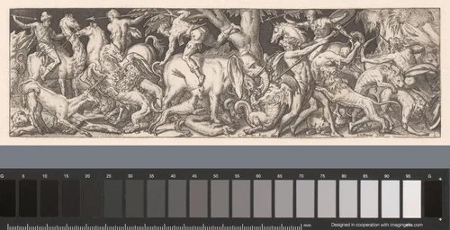 Gevecht tussen mannen, dieren en fabeldieren by Unknown, print, 1528-1583