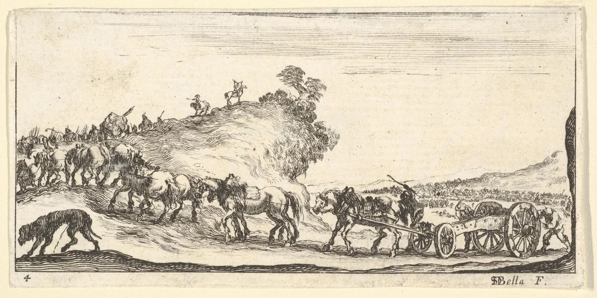 Plate 4: a procession of cannons and horses riding uphill towards the left, a dog at lower left, from "Troops, cannons, and attacks on towns" (Dessins de quelques conduites de troupes, canons, et ataques de villes) by Stefano della Bella, print, 1635-1645