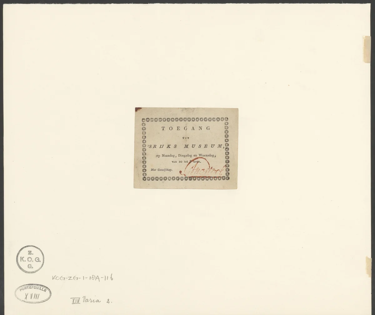 Toegangsbewijs voor het Rijksmuseum by anonymous, other, 1897