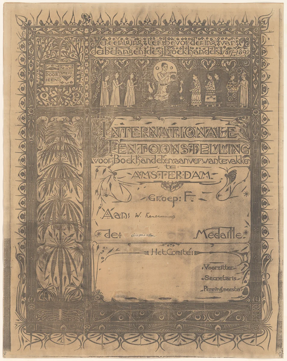 Oorkonde van de Vereniging ter Bevordering van de Belangen des Boekhandels by Gerrit Willem Dijsselhof, print, 1892