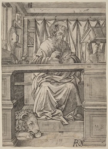 Saint Jerome in His Study by Giovanni Antonio da Brescia, print, 1510