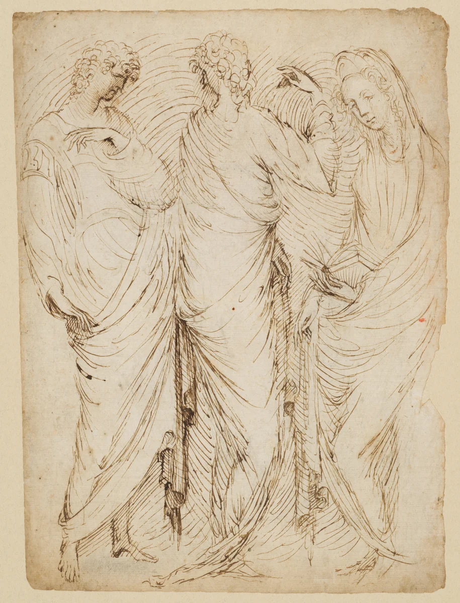Three Standing Figures (recto); Seated Woman and a Male Hermit in Half-length (verso) by Stefano da Verona, drawing, 1435-1438