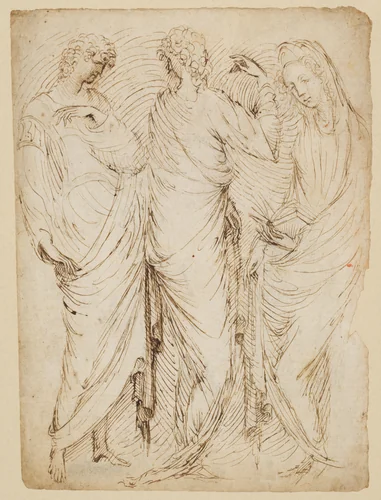 Three Standing Figures (recto); Seated Woman and a Male Hermit in Half-length (verso) by Stefano da Verona, drawing, 1435-1438