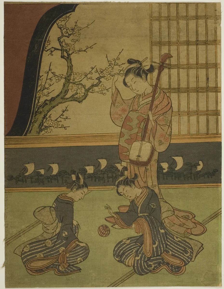 Courtesan Watching Her Attendants Playing with a Ball by Suzuki Harunobu (鈴木春信), print, 1760-1770