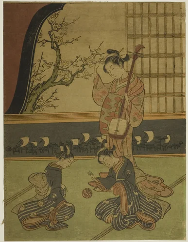 Courtesan Watching Her Attendants Playing with a Ball by Suzuki Harunobu (鈴木春信), print, 1760-1770