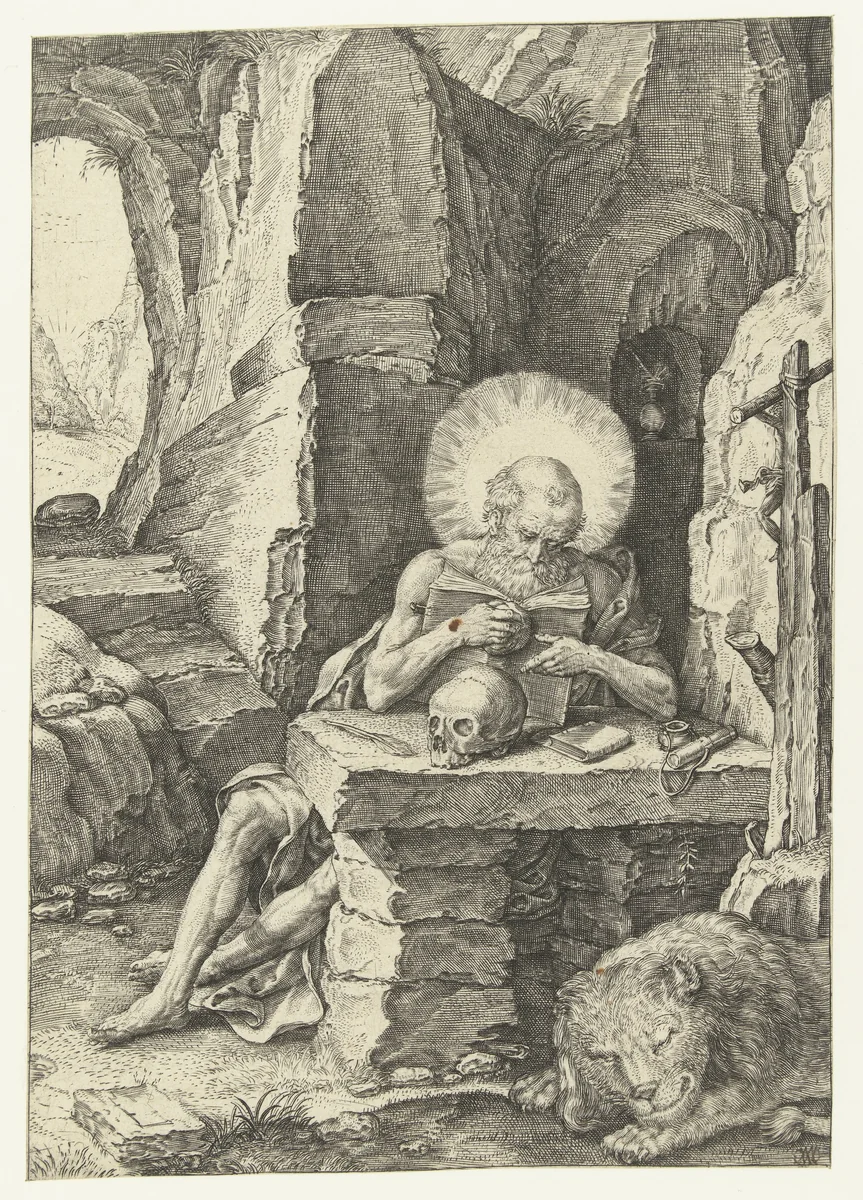 De heilige Hieronymus in een grot by Unknown, print, 1575-1624
