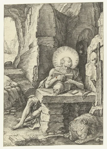 De heilige Hieronymus in een grot by Unknown, print, 1575-1624