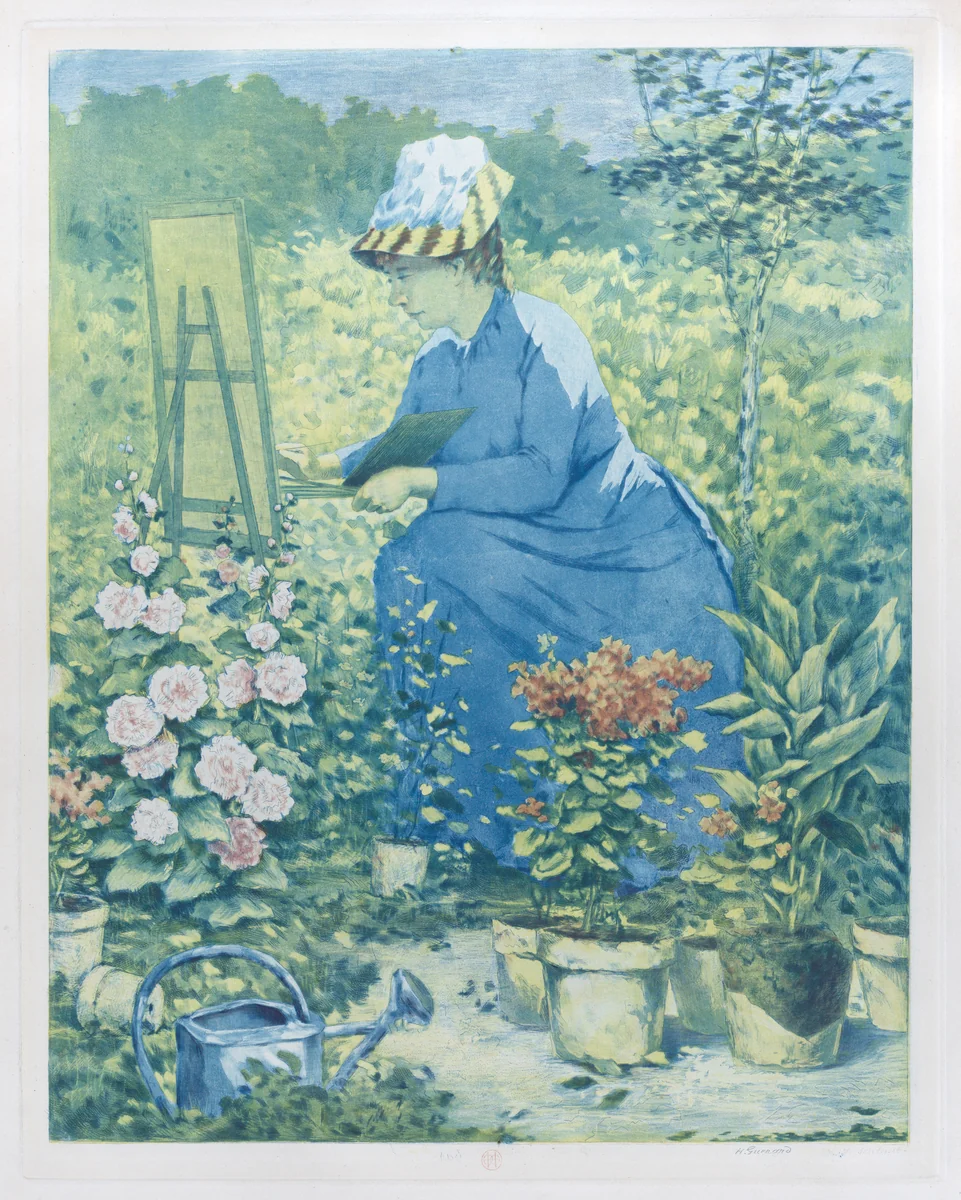 Jeanne Gonzales Painting in the Garden by Henri Charles Guérard, print, 1885