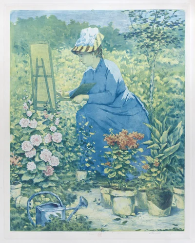 Jeanne Gonzales Painting in the Garden by Henri Charles Guérard, print, 1885