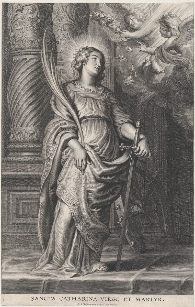 Saint Catherine holding palm leaves and a sword, two putti overhead holding a laurel by Schelte Adams Bolswert, print, 1620-1659