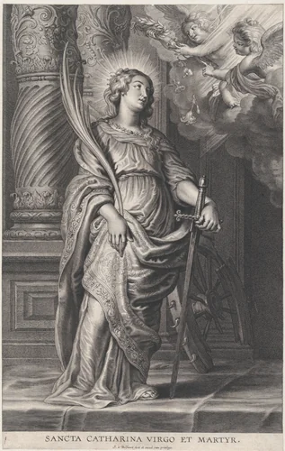 Saint Catherine holding palm leaves and a sword, two putti overhead holding a laurel by Schelte Adams Bolswert, print, 1620-1659