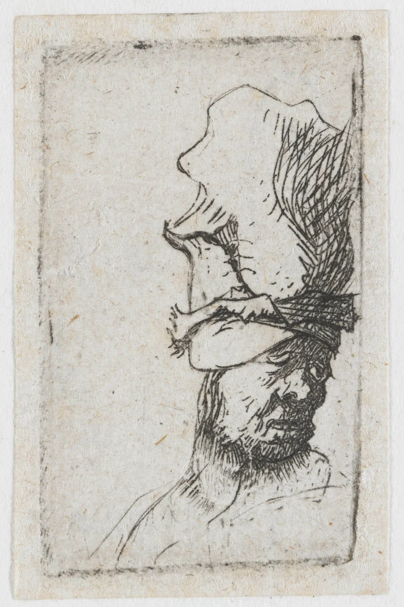 Head of a Man in a High Hat by Rembrandt van Rijn, print, 1629