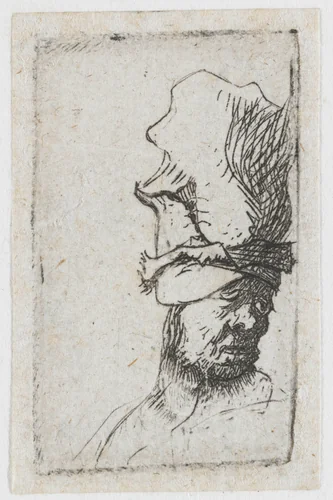 Head of a Man in a High Hat by Rembrandt van Rijn, print, 1629