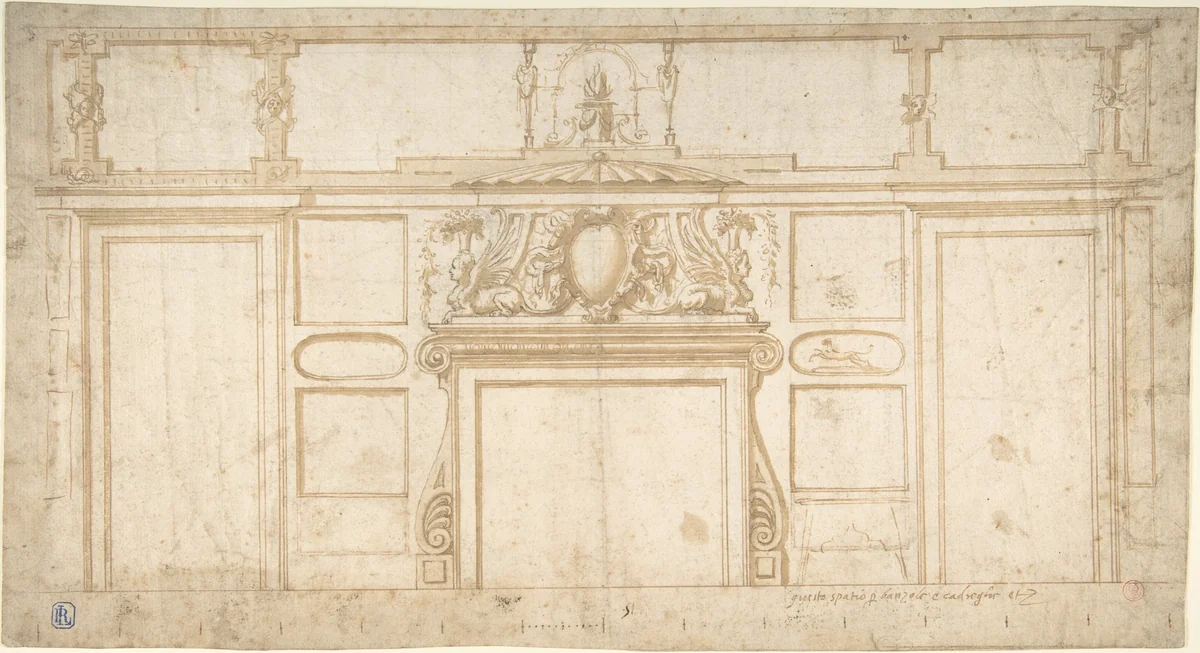 Project for Interior Wall with Fireplace by anonymous, drawing, 1500-1599