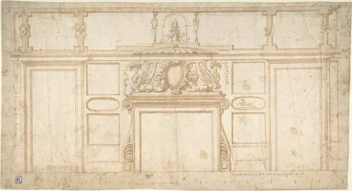 Project for Interior Wall with Fireplace by anonymous, drawing, 1500-1599