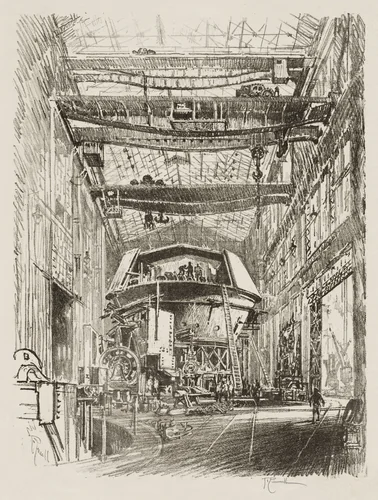 English War Work: Building the Great Turret by Joseph Pennell, print, 1916