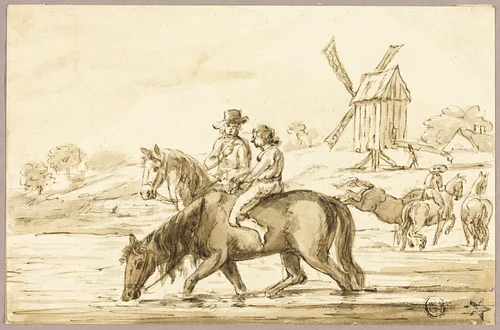Watering Horses near Windmill by Guillaume Courtois, drawing, 1600-1699