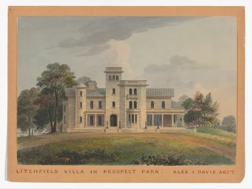 Grace Hill for Edwin C. Litchfield, Brooklyn, New York (front elevation) by Alexander Jackson Davis, drawing, 1854