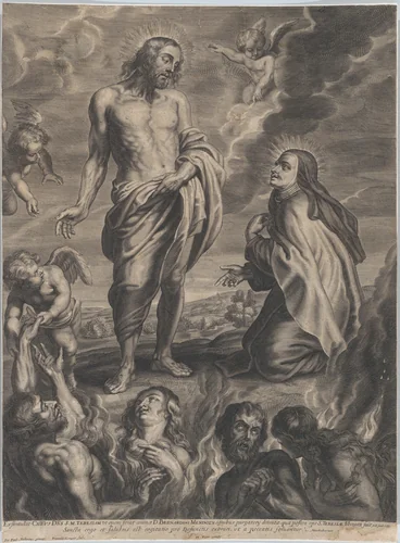 Saint Teresa of Avila interceding for Bernardino de Mendoza by François Langot, print, 1636-1672