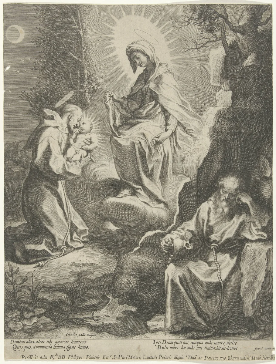 H. Franciscus van Assisi heeft een visioen van Maria en het Kind by Unknown, print, 1586-1633