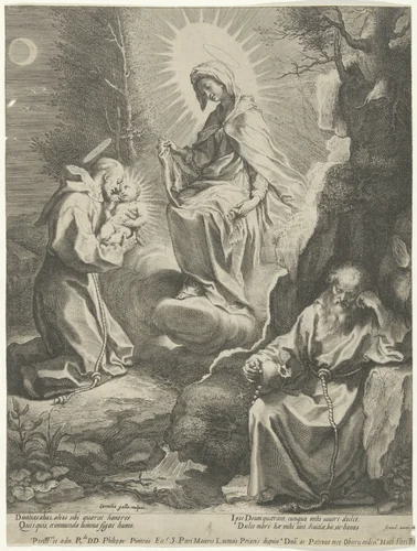 H. Franciscus van Assisi heeft een visioen van Maria en het Kind by Unknown, print, 1586-1633
