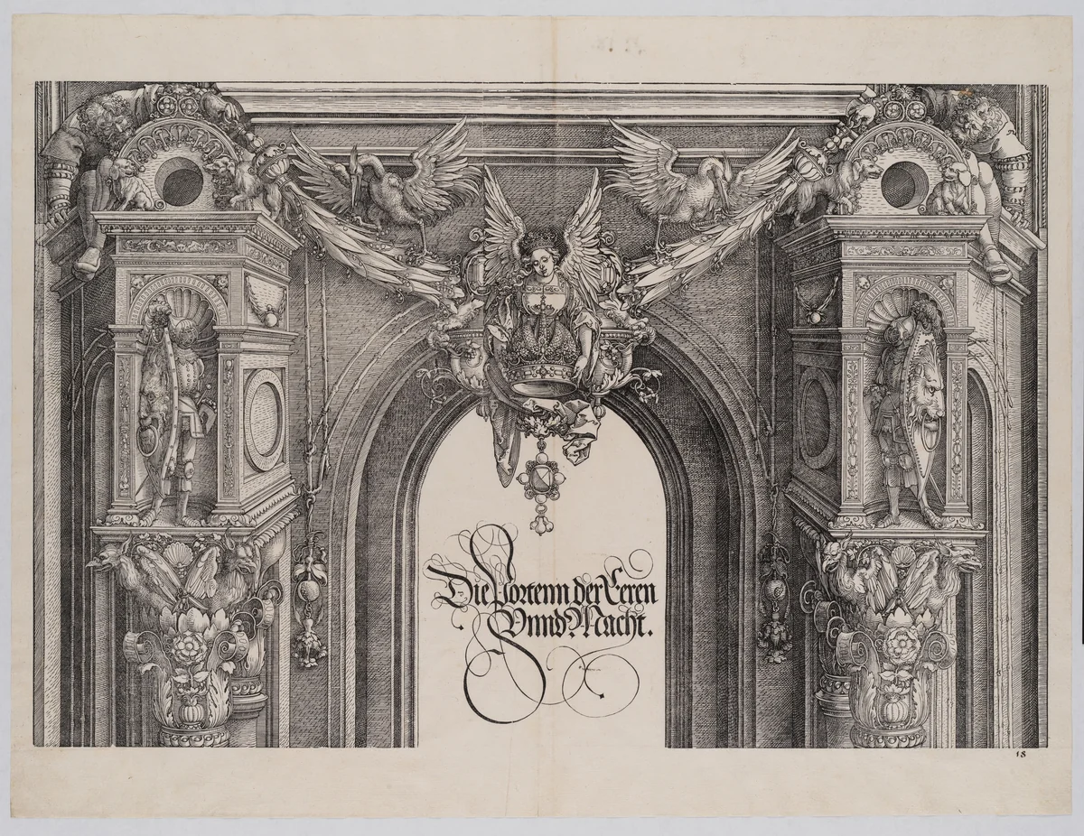 The Upper Section of the Entryway to the Central Portal with a Winged Figure Holding the Imperial Crown, from the Arch of Honor, proof, dated 1515, printed 1517-18 by Albrecht Dürer, print, 1515
