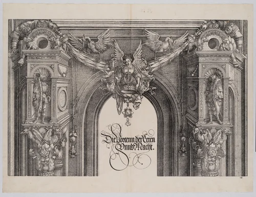 The Upper Section of the Entryway to the Central Portal with a Winged Figure Holding the Imperial Crown, from the Arch of Honor, proof, dated 1515, printed 1517-18 by Albrecht Dürer, print, 1515