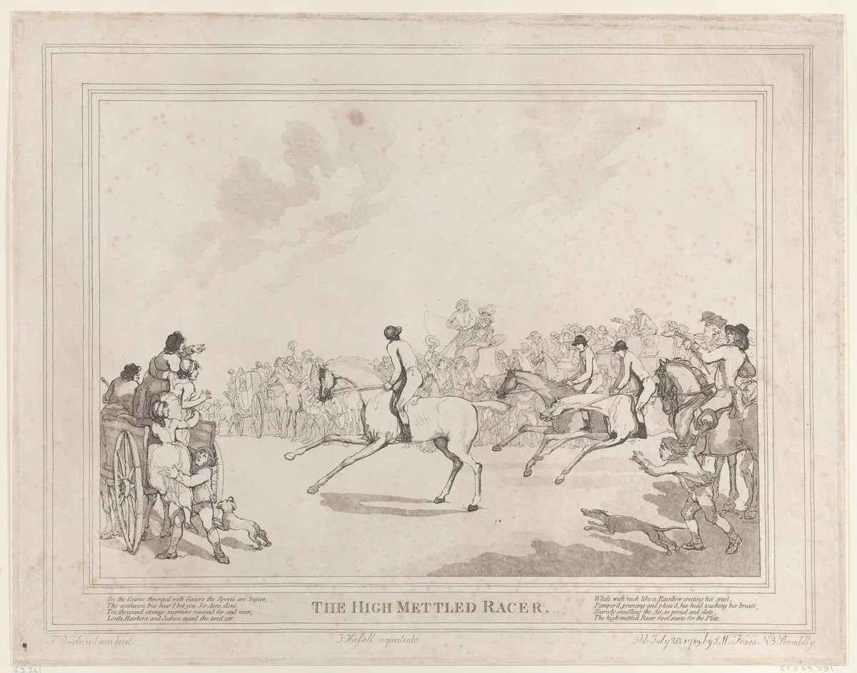 The Race Horse (from The Life of a Racehorse, or The High-Mettled Racer) by Thomas Rowlandson, print, 1789