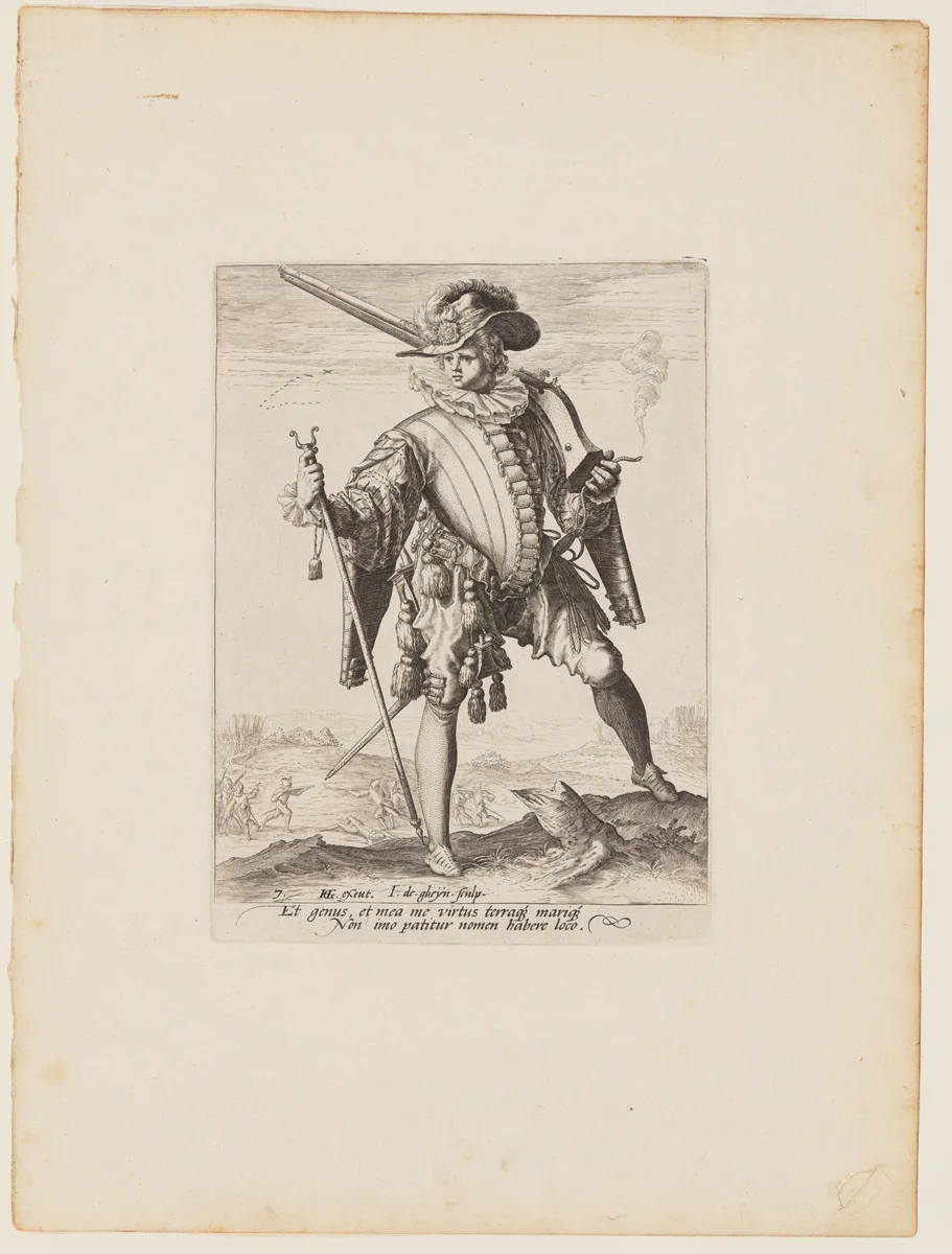 Soldier with Arquebus, from Officers and Soldiers of the Bodyguard of Emperor Rudolph II by Jacques de Gheyn II, print, 1587