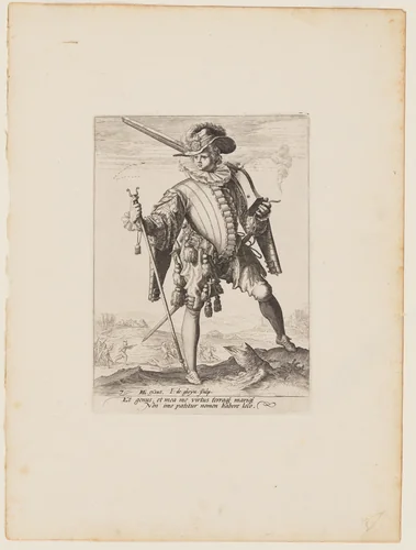 Soldier with Arquebus, from Officers and Soldiers of the Bodyguard of Emperor Rudolph II by Jacques de Gheyn II, print, 1587