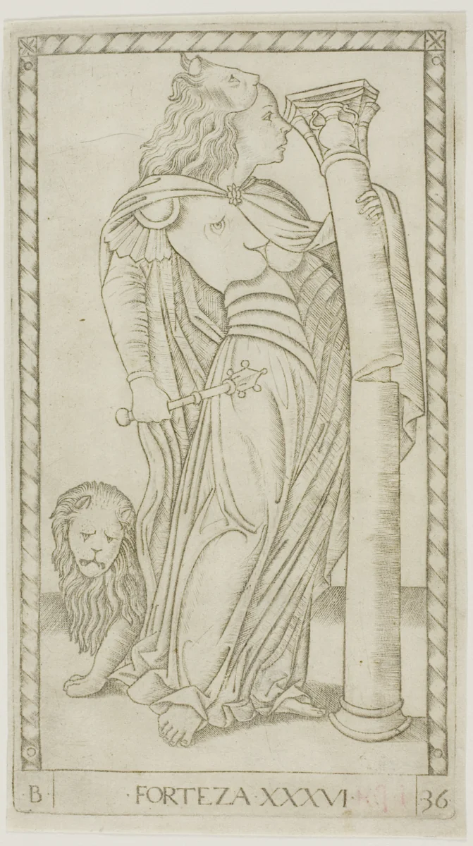 Fortitude, plate 36 from Genii and Virtues by Master of the E-Series Tarocchi, print, 1460-1470