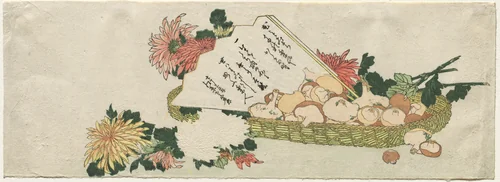 Basket with Fan, Chrysanthemums, and Mushrooms by Katsushika Hokusai (葛飾 北斎), print, 1800-1805