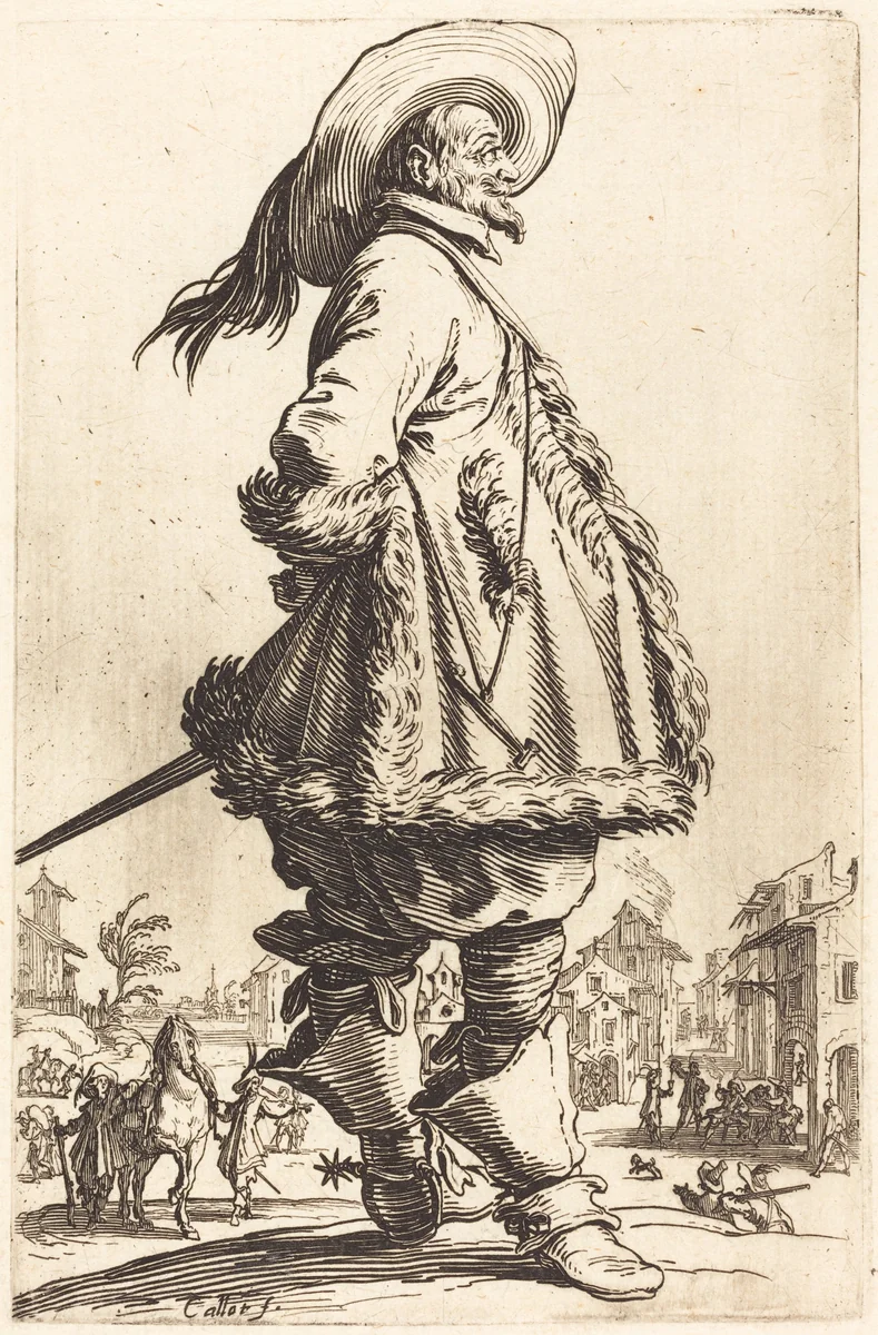 Noble Man with Mantle Trimmed in Fur, Holding his Hands Behind his Back by Jacques Callot, print, 1620-1623