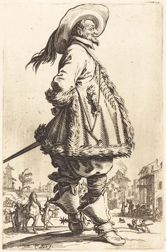 Noble Man with Mantle Trimmed in Fur, Holding his Hands Behind his Back by Jacques Callot, print, 1620-1623