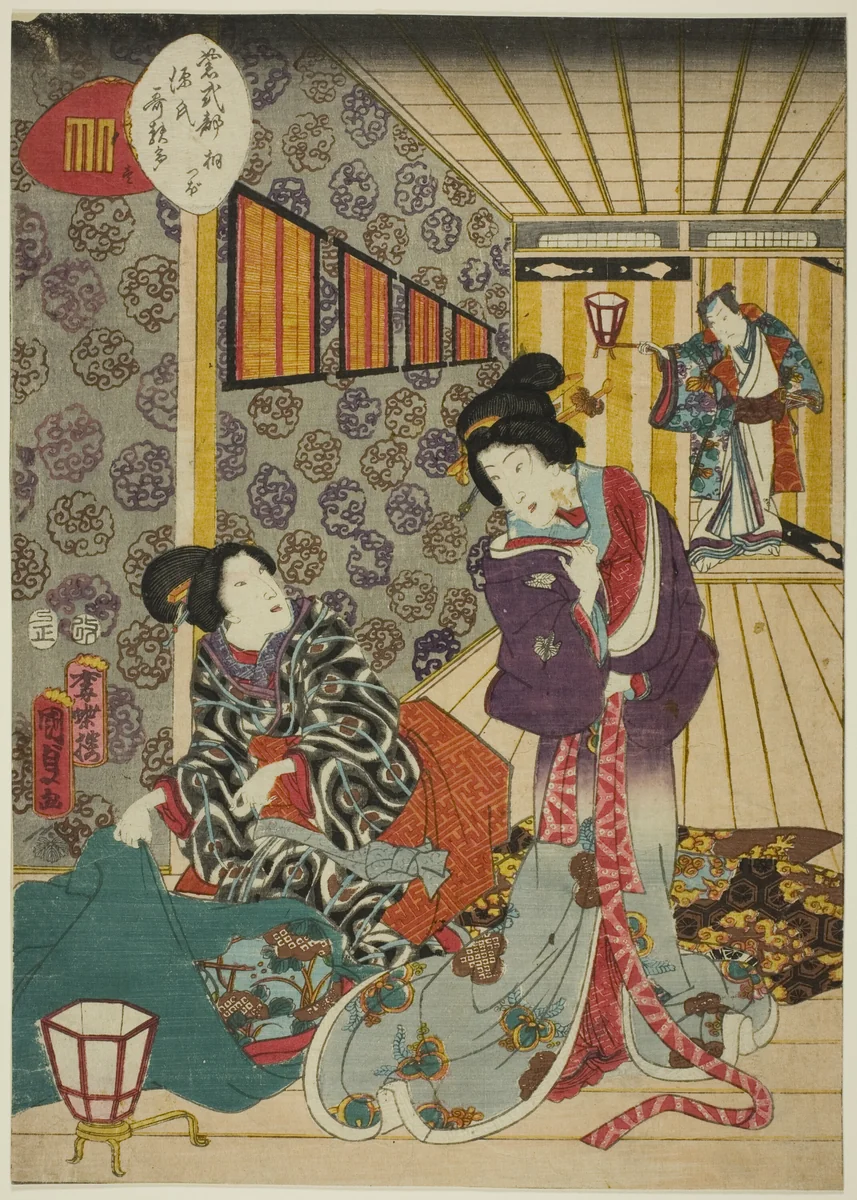 Kiritsubo, No. 1 from the series "Murasaki Shikibu's Genji Cards (Murasaki Shikibu Genji karuta)" by Utagawa Kunisada II, print, 1857