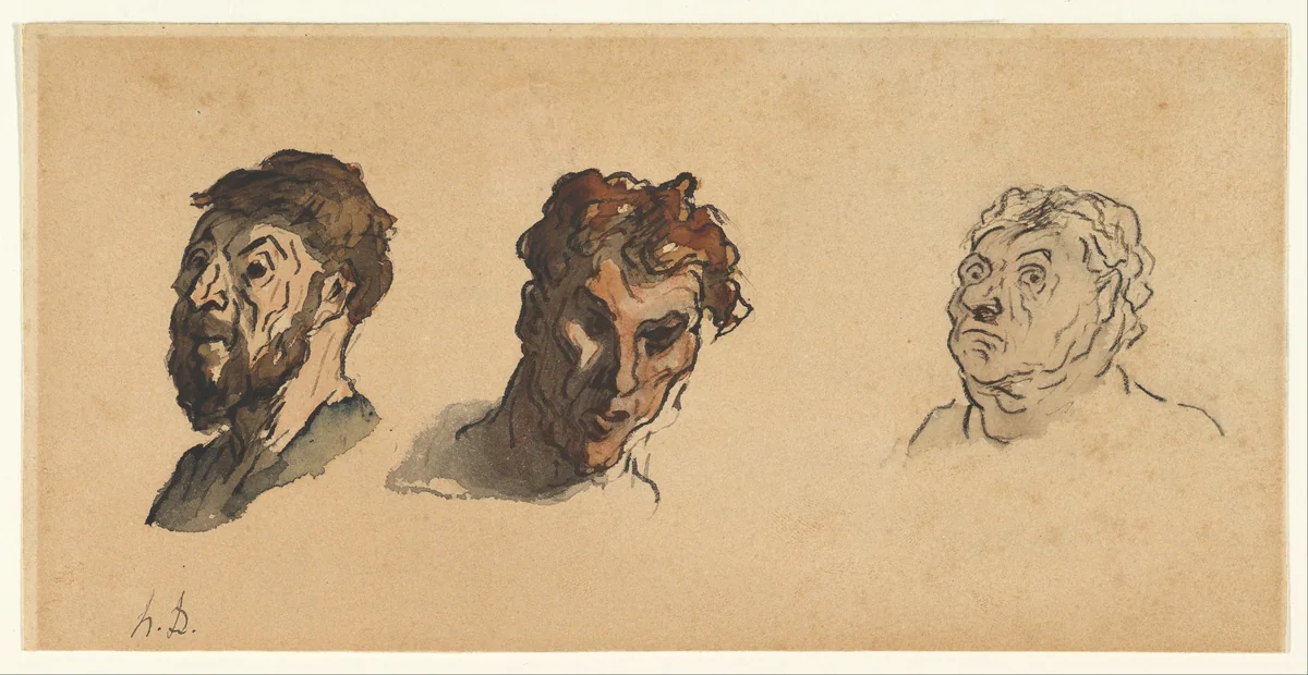 Three Male Heads by Honoré Daumier, drawing, 1820-1879
