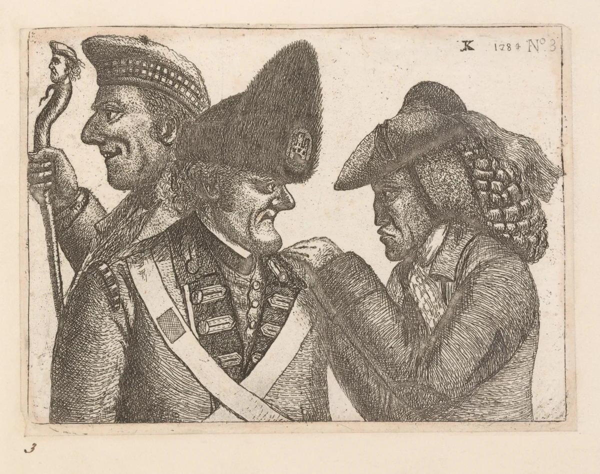 A Triumvirate: The Daft Highland Laird (James Robertson), John Dhu or Dow (a member of the Town Guard), and Jamie Duff (an Idiot) by John Kay, print, 1784