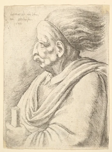 Man with caricatured features and hair streaming behind, in half-length to left by Wenceslaus Hollar, print, 1648