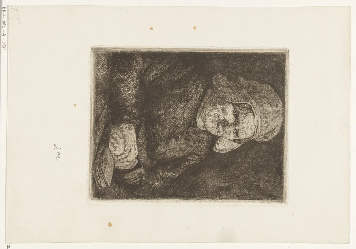 Vrouw met linnen muts op by Gerard Jan Bos, print, 1878-1884