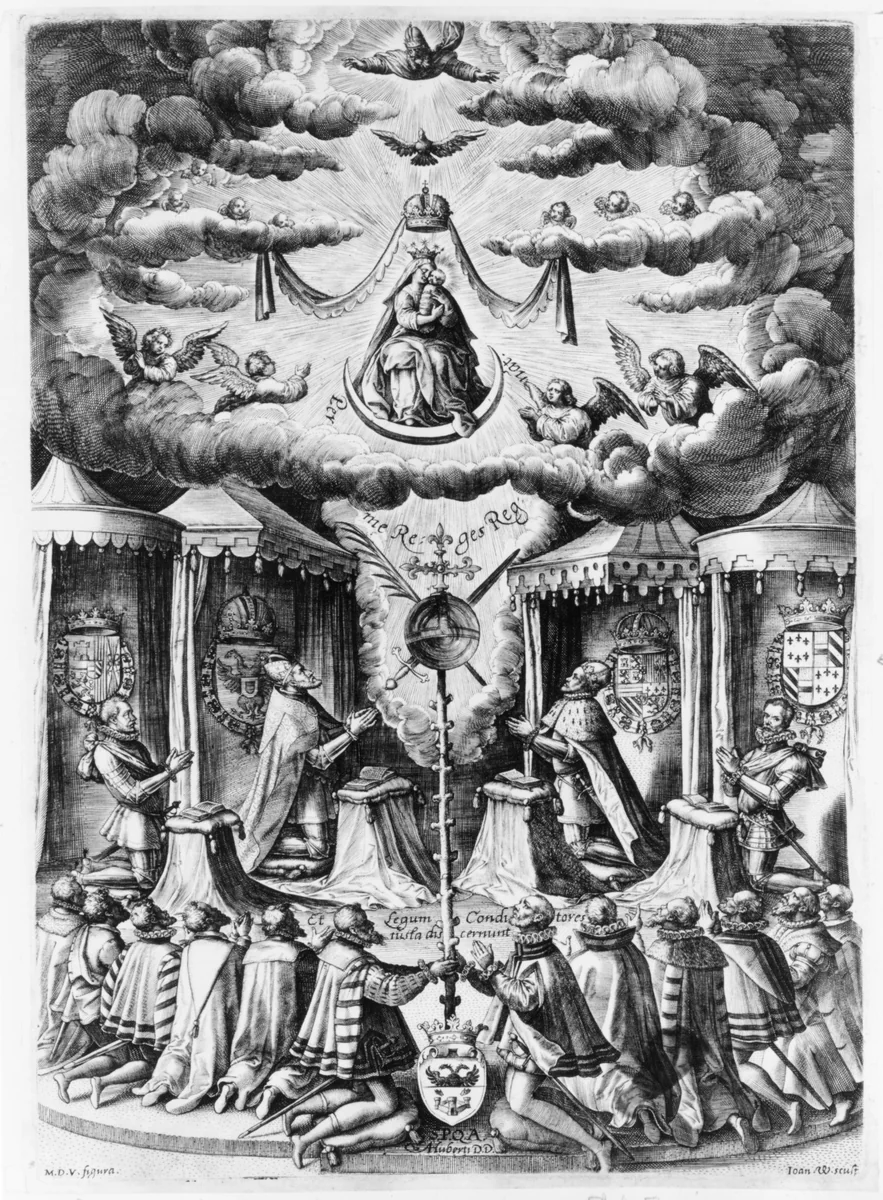 The Defenders of the Catholic Faith in the Netherlands adoring the Virgin by Maerten de Vos, print, 1587
